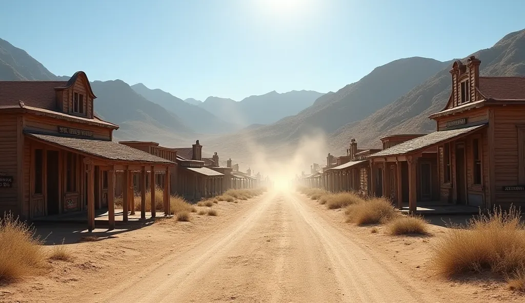 A realistic panoramic view of the ghost town of Calico, located in the California desert. The image shows ancient wooden buildings, dirt roads and arid mountains in the background. The sky is clear and the bright sun casts long shadows.  Desert dust lifts ...