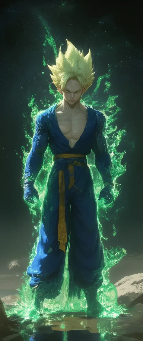 Human in blue kimono. Dark right hand and fist. Dragonball style design. Yellow hair like Goku. HD. reflection. universe in the background. HD Universe. Texture and reflection. Dragonball outline. Green fire around him.