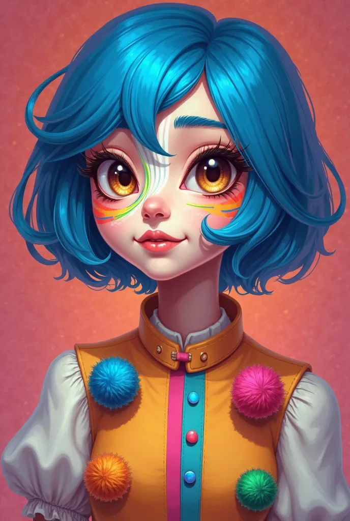 Riley da Disney&#39;  with short blue hair , sleeve blouse with colorful pompoms, brown eyes, with her face painted white and with a rainbow design on the left side.