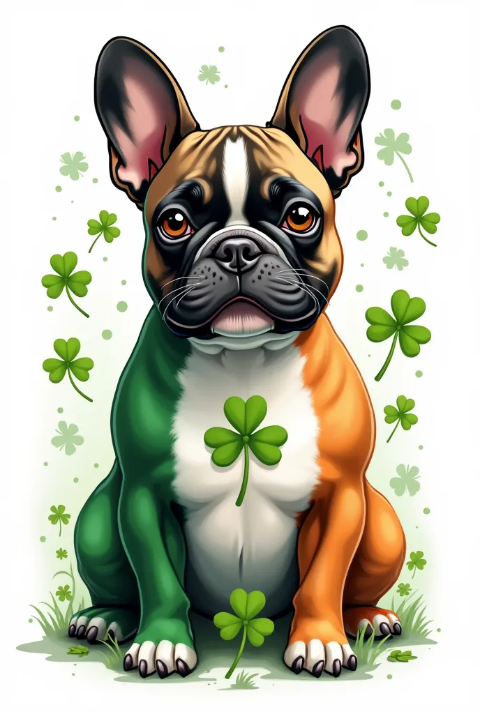 French bulldog and shamrocks in Irish flag theme, light stroke outline, vector style of t-shirt design, St. Patrick's Day theme, isolated on a white background, t-shirt design