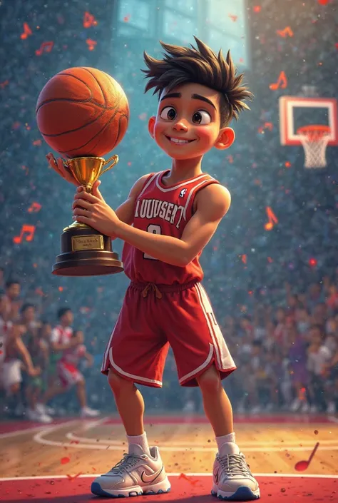 Hello my name is Daniel Hernandez, I'm in 3rd grade and section E, I love video games and basketball and music, you can create an image about me winning a basketball game with a trophy and being the champion of my league, you can add vibrant atmosphere and...