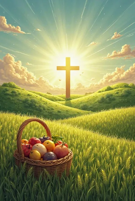 Make me a design of an image in horizontal format where you can see a green valley full of wheat with a basket of various fruits and where in the distance in the sky you can see the radiance of a cross with open arms 