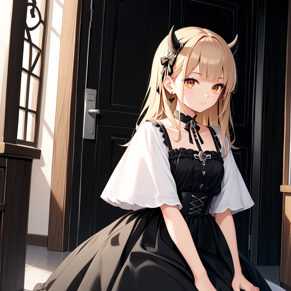  Anime Girl in a Dress with Horns and Skulls , (( light brown hair))(Loli Dress, gothic maiden  Anime Girl, a cute anime wife wears a nice dress,  anime Moe art style,  Anime Girl wearing a black dress, Nightcore, ( Anime Girl),  anime style 4k , Slightly ...