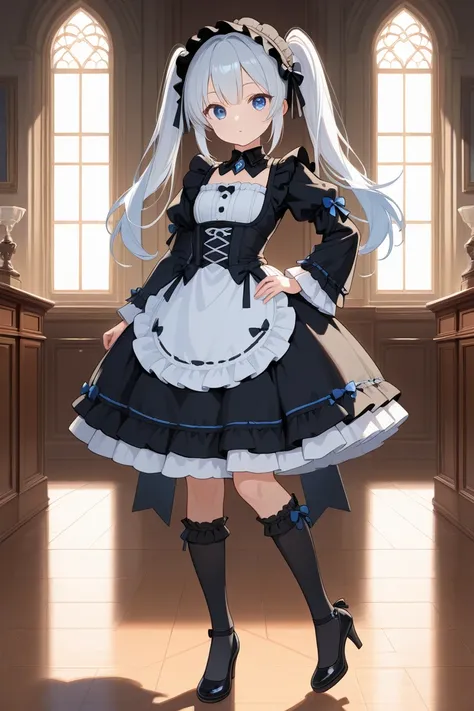 Maid。underwear。twin tails。 Silver Hair。 Lolita。 gothic。 gothic衣装。high knee socks。 high heels。。 blue eyes。