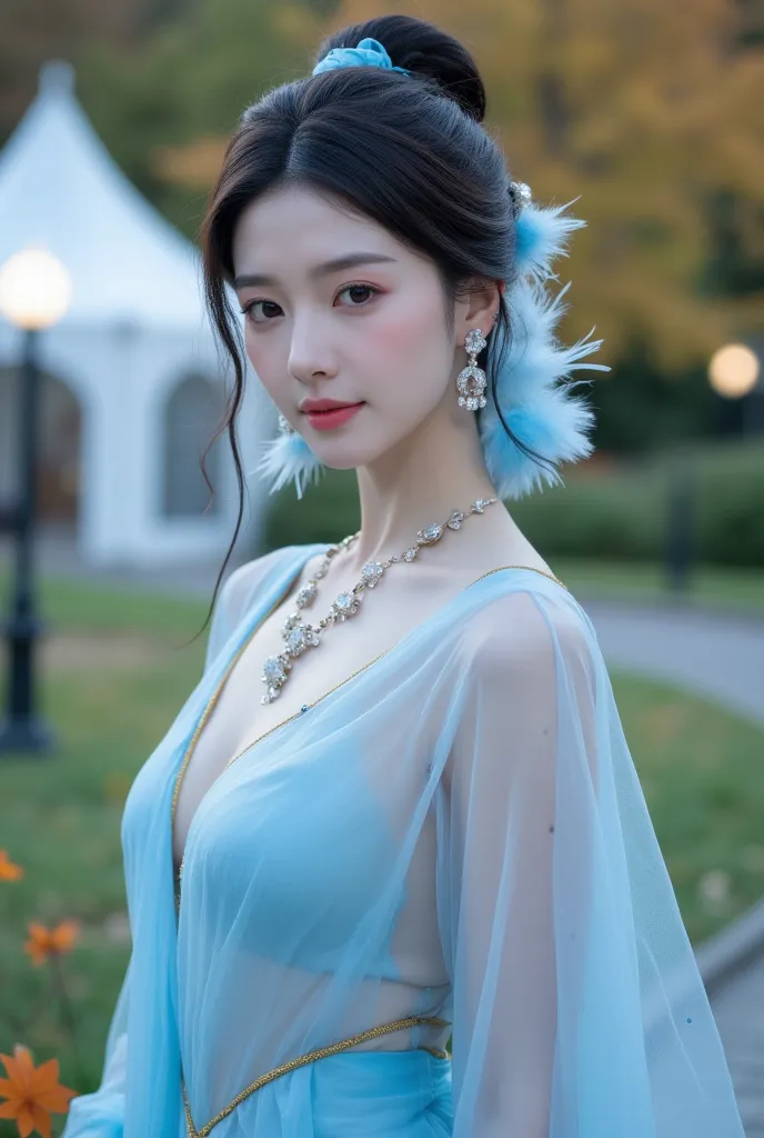 ((Super detailed body, Super detailed face, Best quality: 1.2), Close-up of beautiful Korean female model, looking at the viewer, (asymmetrical design of high contrast light blue dress with gold thread on the edge, translucent silk scarf, asymmetry, maple ...