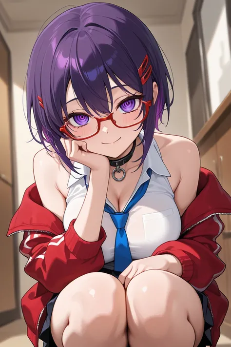 masterpiece, best quality, amazing quality, very aesthetic, high resolution, newest, hyper-detailed, 1girl, mila from miside, purple hair, short hair, red hairclip, red glasses, red jacket, white shirt, blue tie, extremely detailed eyes, (ringed eyes:1.2),...