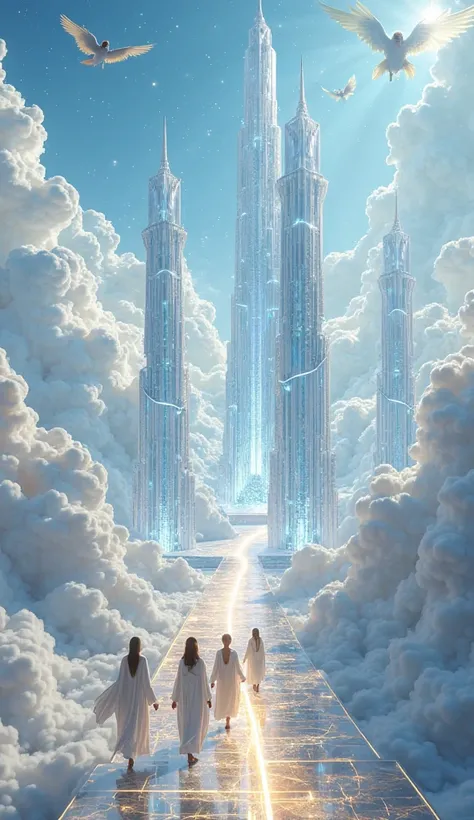 A hyper-realistic close-up of a futuristic celestial city floating among ultra-detailed, pure white clouds. Towering crystalline skyscrapers gleam in radiant white, silver, and soft blue hues, reflecting the deep, ocean-blue sky. The structures appear ethe...