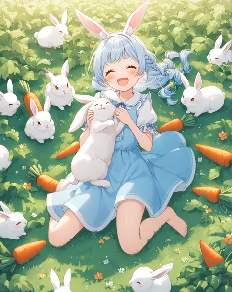 1 girl,age 15,orange eyes,(round eyebrows),laughing with closed eyes,
a carrot is stuck into the middle of her long light blue and white braided hair,
blue and white one-piece dress,
center frame,

BREAK,
playing in the carrot fields in the park,

BREAK,
o...