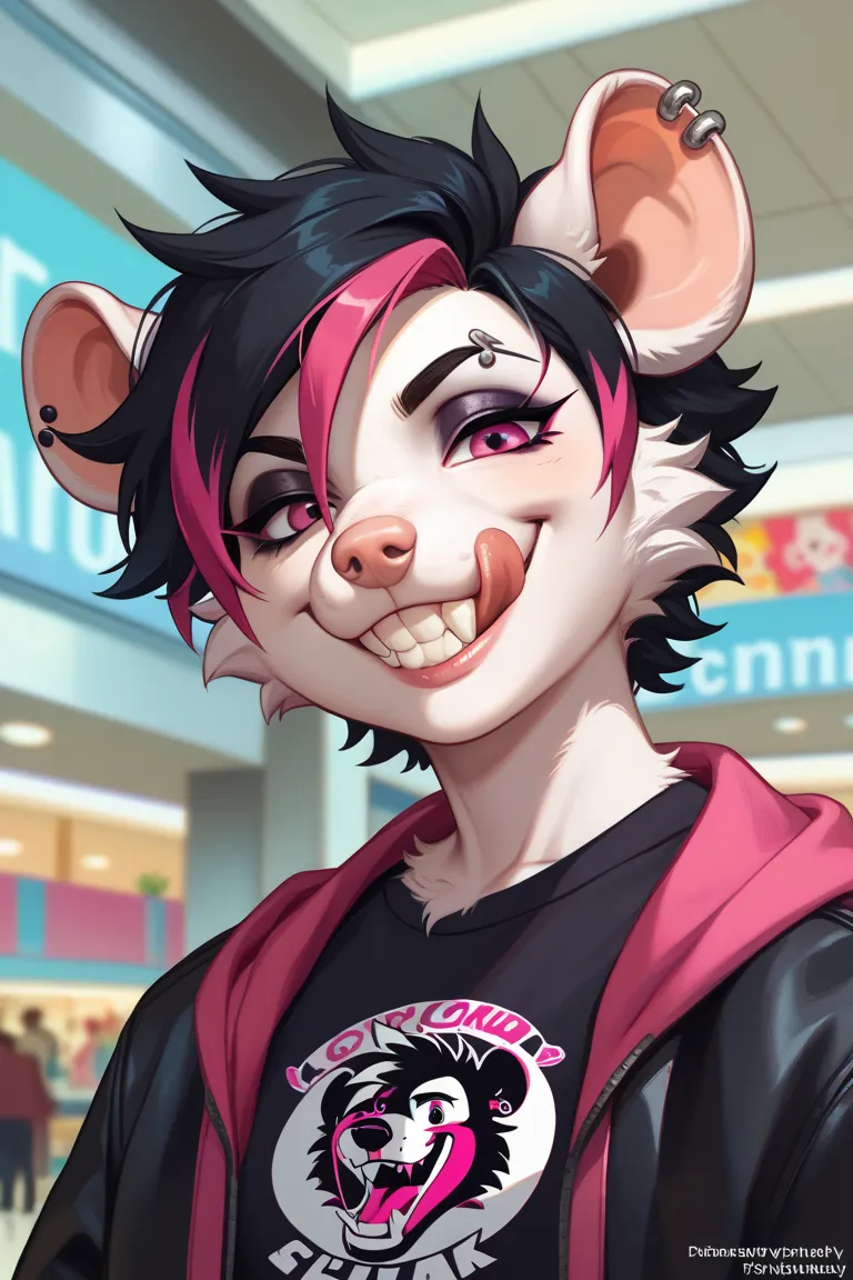 a furry opossum girl, smirking expression, tilting her head, attractive, cartoon, super sharp pointy teeth, mouth closed, spikey short black hair with a pink streak, white ears, emo furry, looking at viewer, at the mall, showing teeth, toothy grin, closed ...