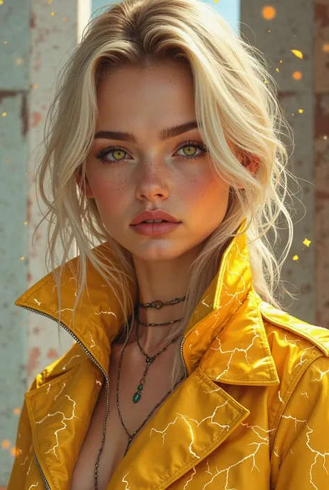 A blonde haired honey-eyed girl wearing a yellow jacket with lightning and lightning patterns quite opposing at the age of 20 