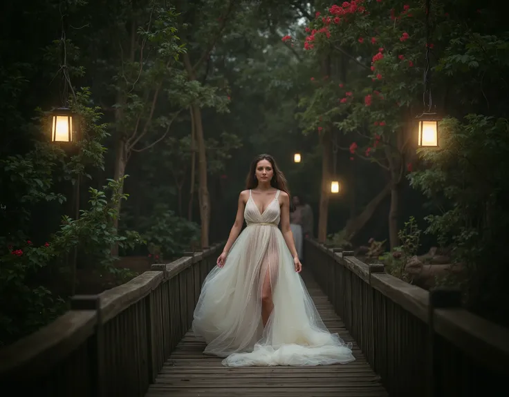 A hyper-realistic professional photograph of a young woman standing gracefully on a wooden bridge in a lush, green forest. She wears a flowing white dress with thin straps and delicate ruffles on the bust, creating a romantic and ethereal appearance. The f...