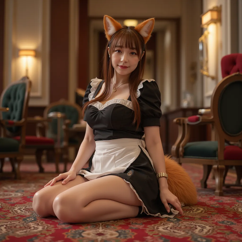 (( top quality made of straw , 8k)), ((Girl with straight brown hair)), (( Photorealistic)), ( masterpiece), Perfect Face , ((Woman with fox ears )), ((That woman has a fox tail )), foxgirl, (Her tail is big  ), ( That beautiful woman is shy), She's a coll...