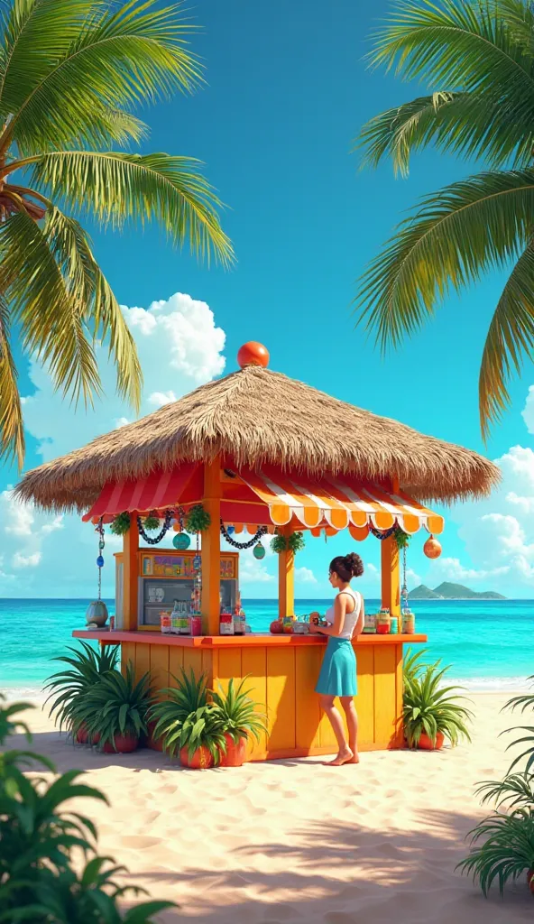 Design a flashy summer juice ebook cover, with a coconut water kiosk by the sea.