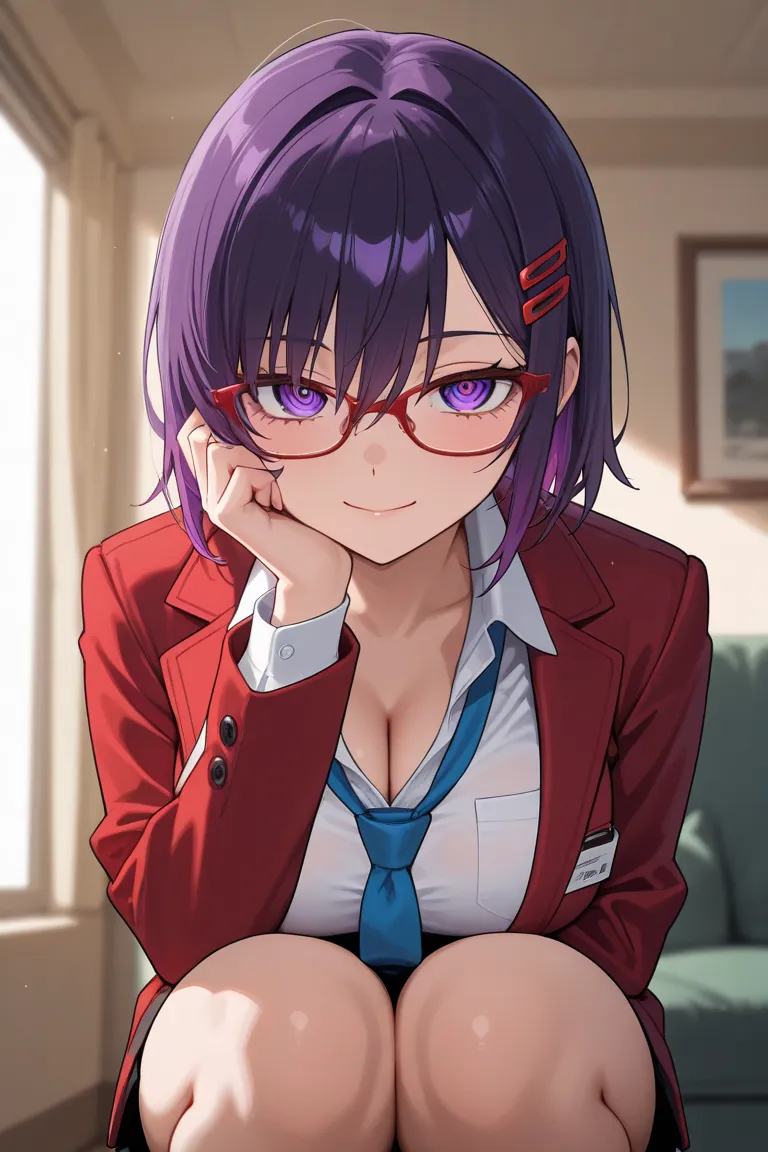 masterpiece, best quality, amazing quality, very aesthetic, high resolution, newest, hyper-detailed, 1girl, mila from miside, purple hair, short hair, red hairclip, red glasses, red jacket, white shirt, blue tie, extremely detailed eyes, (ringed eyes:1.2),...