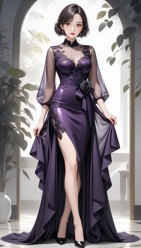  masterpiece,   graceful mature woman with shiny red eyes,  Perfect face , perfect style,  purple see-through dress holding a black rose, high definition, semi-realistic,   full body shot,   perfect art , 