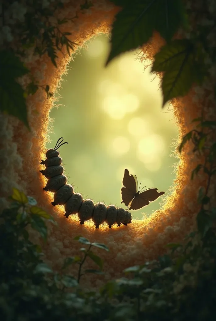 Caterpillar Inside the Cocoon: The inside of a cozy cocoon with a faint glow, showing a silhouette of caterpillar slowly changing into a butterfly, with gentle sunlight filtering through the leaves.