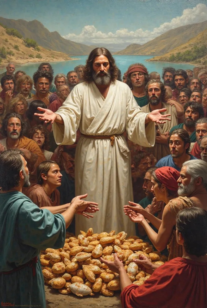 Jesus multiplying the loaves and fishes , with a lot of people around him .