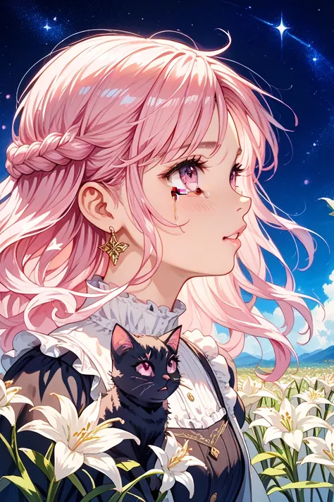 pink hair、 semi-long、pink eyes、earrings、Black Cat、lily of the valley、Night Sky、 crying face、 from side、full body