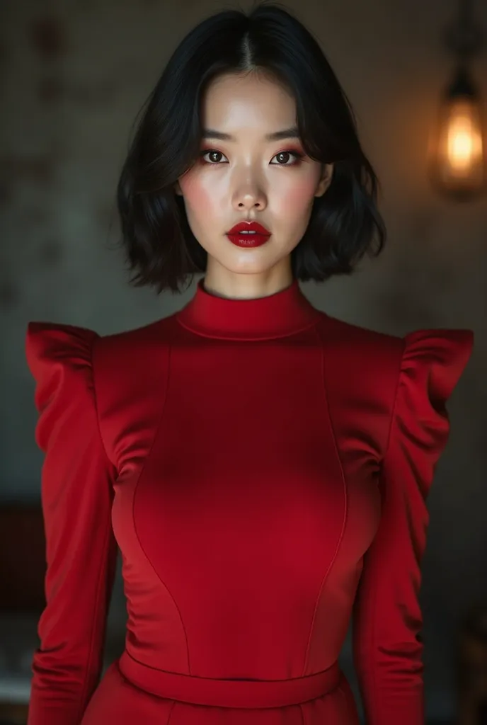 
*"A striking young Korean woman standing in a confident front-facing pose. She has sleek, jet-black chin-length bob hair with a sharp cut, framing her defined jawline. Her deep brown eyes hold a fierce yet elegant gaze, enhanced by bold eyeliner and a sub...