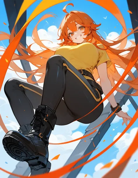 Score_9,Score_8_up,Score_7_up,highest quality, source_anime, highest quality, BREAK, 1 girl, cute, 28 years old, (curvy:1.3), (large breasts), long legs,  orange hair, long hair, partial bangs, ahoge, (light yellow tight t shirt), (dark red tight pants, bl...