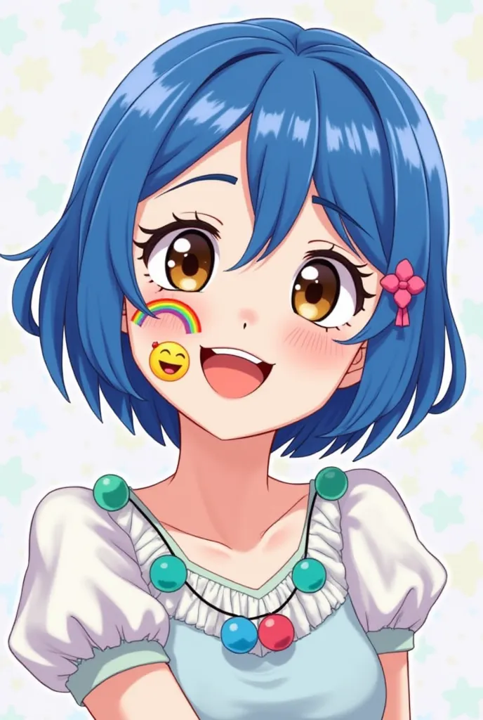 Riley da Disney&#39;  with short blue hair , white sleeve blouse with colorful pompoms, brown eyes, with her face painted white and with a rainbow design on the left side and laughing emojis,  with red lipstick.
