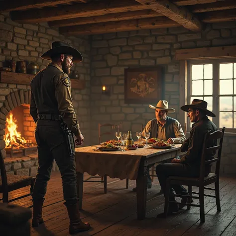 create an image of a sheriff on a dinner table in a ranchhouse with a woman and a ranchman during the late 1800s in The Old West Town, USA, Texas