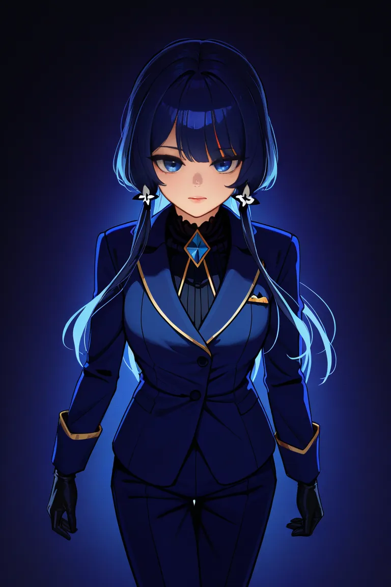 masterpiece, best quality, amazing quality, very aesthetic, newest, 1woman, solo, ((cowboy hat)), dark blue hair, short hair, blue eyes, dark blue suit, gloves, tall, highres