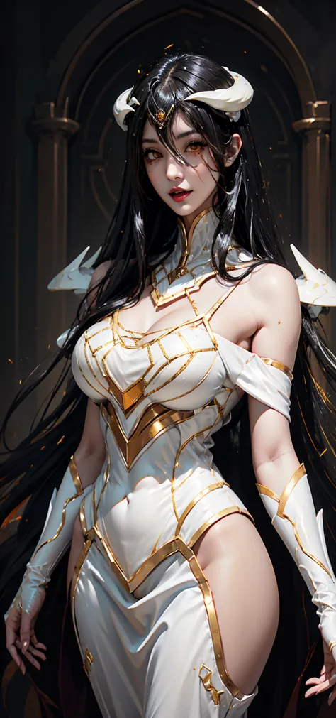 A (super realistic) beautiful sexy woman(albedo _overlord) with (glossy orange eyes) and white attire(detailed with perfect sharpness ) with gold jewellery on sexy breast, beautiful  breast(perfect shape and size), red lips, black long beautiful hair, hype...