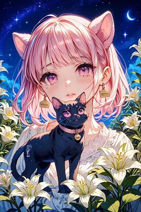  pink hair、 semi-long、pink eyes、earrings、Black Cat、lily of the valley、Night Sky、 crying face、full body