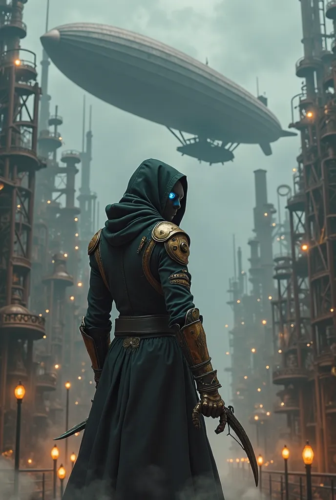 A steampunk-style painting of an assassin standing on the edge of an imposing building or mechanical platform, From the back to the observer. He looks forward looking at the spectator with an imposing look, about a booming industrial city, bathed in the gl...