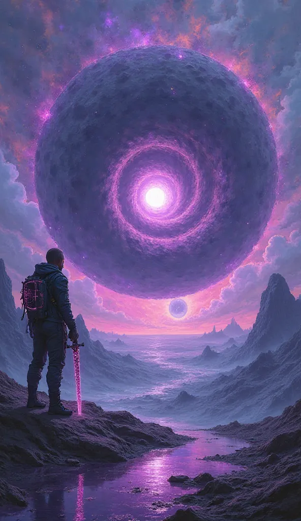 
"A surreal and dark cosmic landscape, Where a futuristic cyberpunk warrior with sparkling details observes the horizon of a planet shrouded in violet light. His sword is embedded in the ground, reflecting the ethereal glow of the environment. IN THE SKY, ...