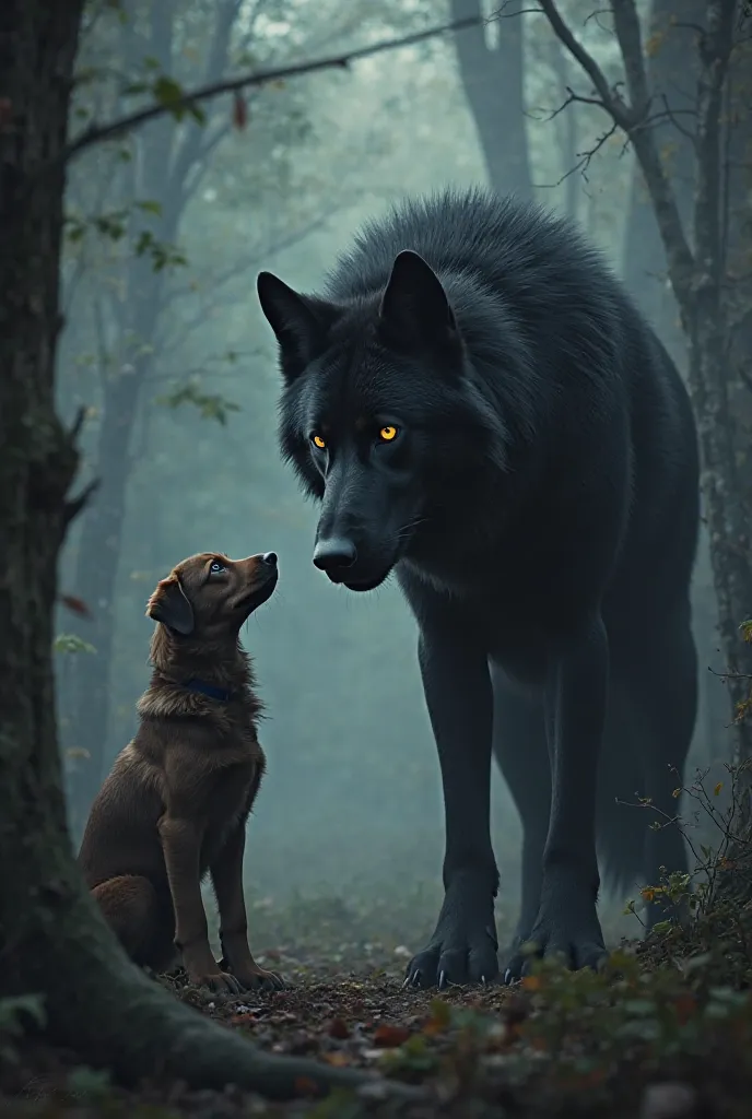 A dog talking to a big scary black wolf 