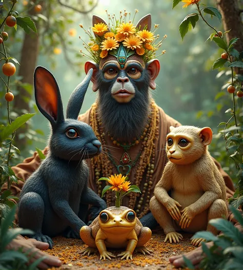 Rabbit　 black🐇、Frog　brown🐸、Monkey　gold🐵、　 Africa 　jungle　　、　Igbo mask　　 mask　face　To　attaching　、local　clothing　、flower瓶　flower　yellow、。Spirit。god　Stay。amazing。good。