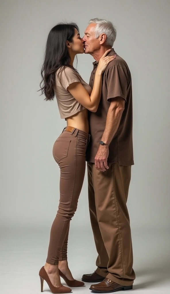 Full body photo, 8K HD High Quality image. Studio background. Korean woman kiss skinny old white caucasian man. Korean woman kiss and Caucasian old man standing in full height from head to toe and FULL body from head to toe. 8k HD resolution. Hot kiss from...