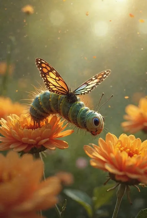 Create 3d animated image- • caterpillar Emerging as a Butterfly: caterpillar breaking out of his cocoon as a beautiful butterfly with soft, multicolored wings, looking amazed at his new form, surrounded by blooming flowers.