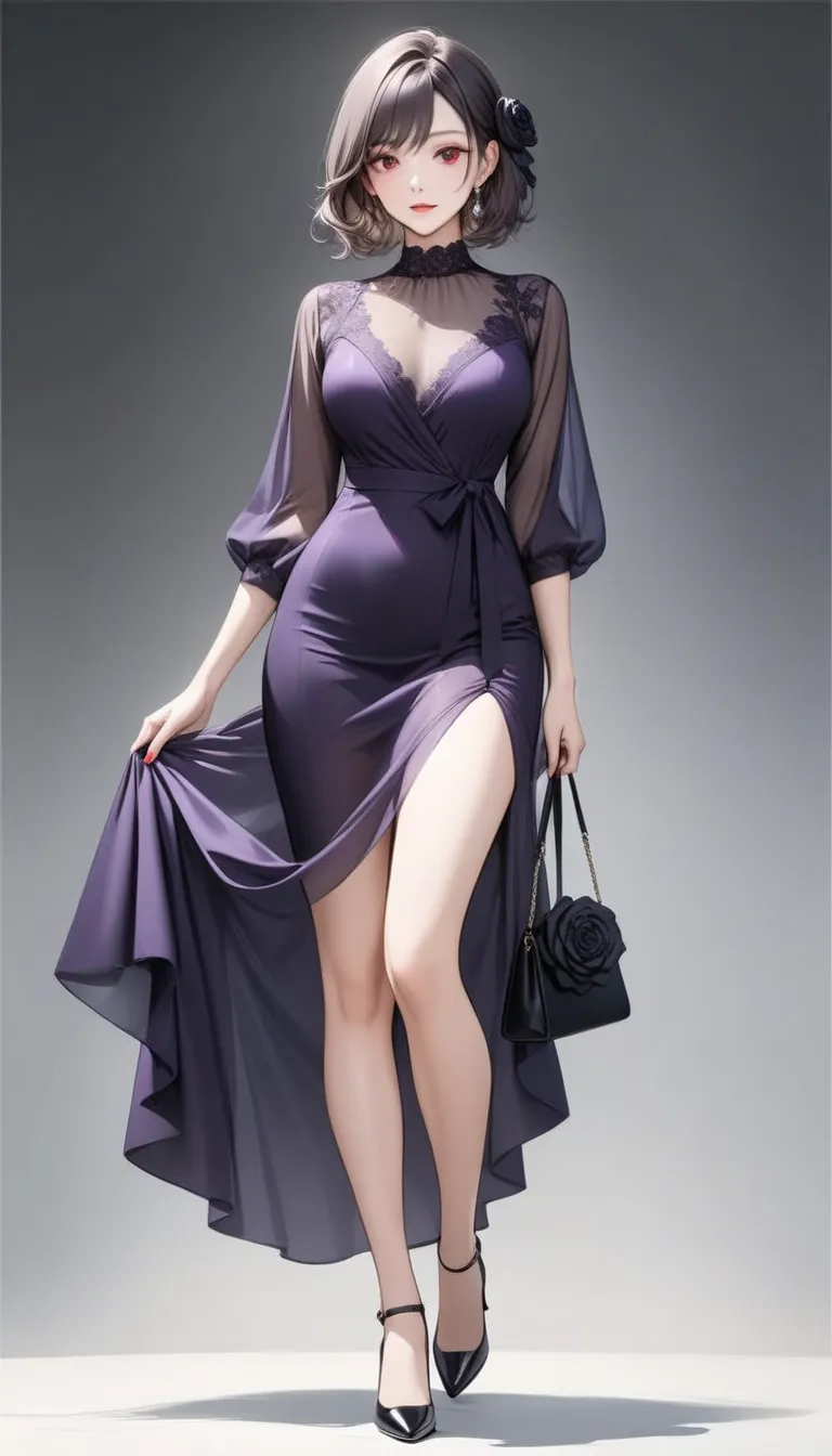  masterpiece,   graceful mature woman with shiny red eyes,  Perfect face , perfect style,  purple see-through dress holding a black rose, high definition, semi-realistic,   full body shot,   perfect art , 