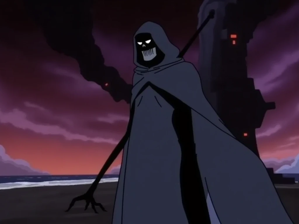 surreal beach coast at dusk, vibrant warm hues, 1993 animation screengrab of Andrea Beaumont as the Phantasm, wearing a hooded charcoal-gray costume with a metallic skull-like mask and flowing cloak. Cel-shaded with sharp black outlines, muted noir palette...