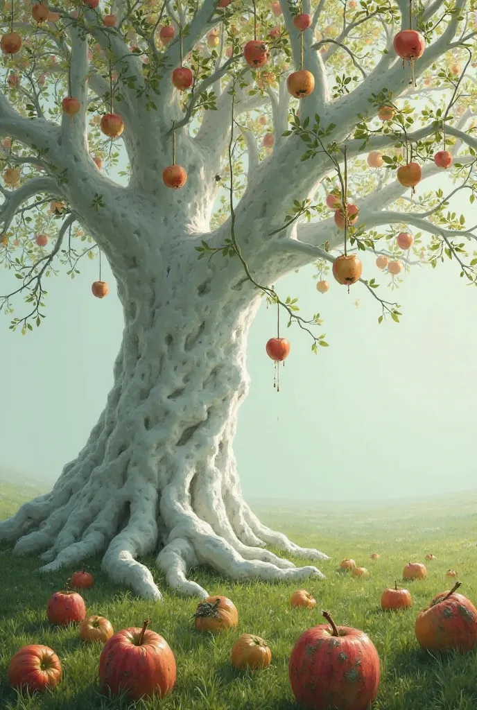 Create an image of a white tree in a field, with hanging apples, and surrounding the tree on the ground rotten and very old and moldy apples