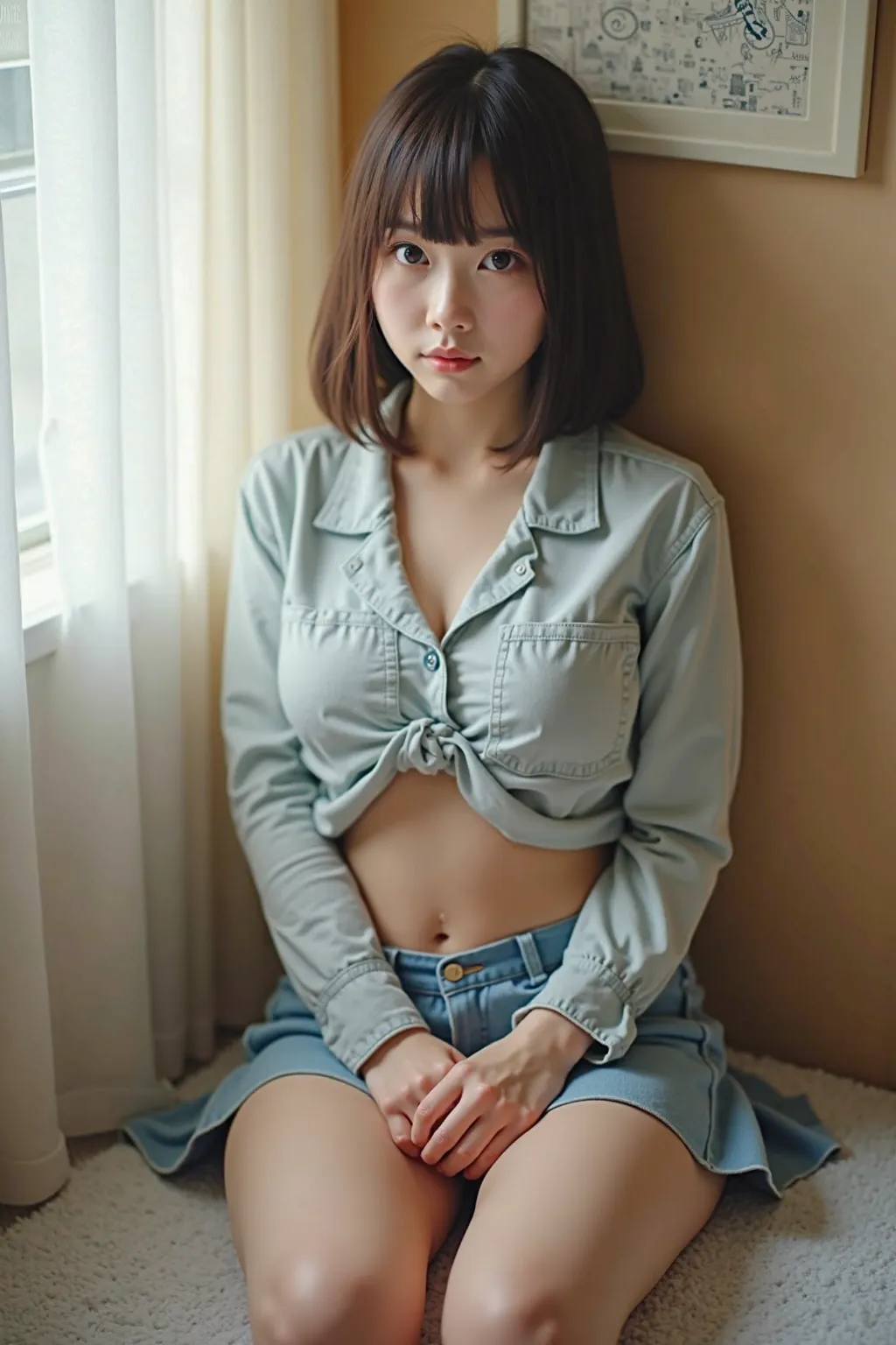 (HD)、(high quality)、( high accuracy)、live-action、 photos、 real 、live-action、4K、(((whole body)))、 (((Japanese)))、Beautiful Girl、age 15、 clear、 Pure 、cool、uniform、Clear double eyelids、(((Disheveled uniform)))、Sit with your crotch wide open、shy、miniskirt、 sho...