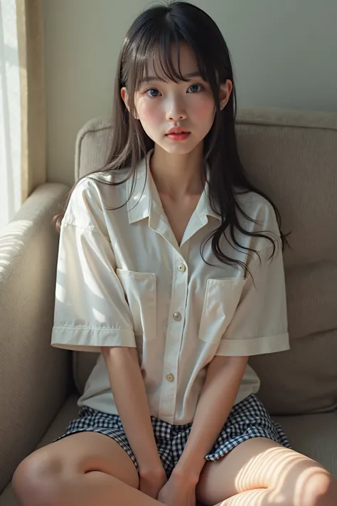 (HD)、(high quality)、( high accuracy)、live-action、 photos、 real 、live-action、4K、(((whole body)))、 (((Japanese)))、Beautiful Girl、age 15、 clear、 Pure 、cool、uniform、Clear double eyelids、(((Disheveled uniform)))、Sit with your crotch wide open、shy、miniskirt、 sho...