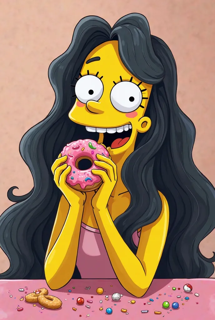 Create a Simpsons cartoon female with long black hair eating donuts