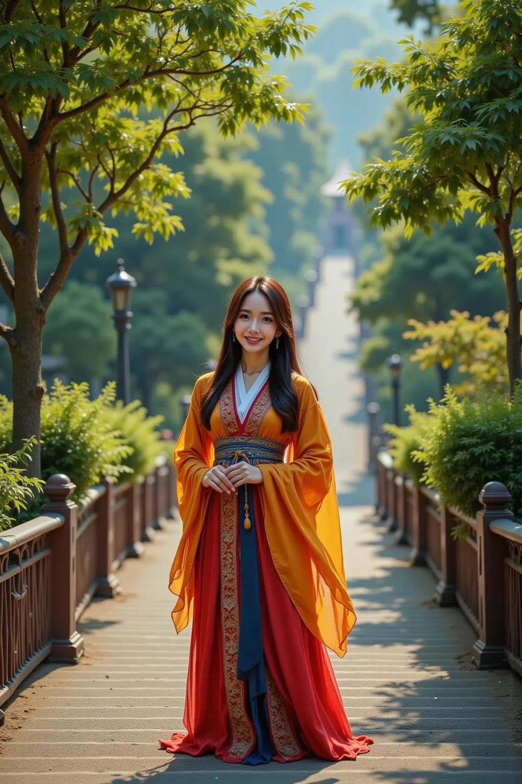 She is wearing a tight hanbok.I'm sitting on an ascending staircase in an elevated park with a bright smile.