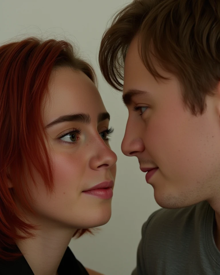  create an image featuring a realistic couple. The young adult woman (lily collins) has red hair, green eyes, and freckles, while the young adult man (drew Starkey) has light brown hair and blue eyes, they are looking at each other not smiling 