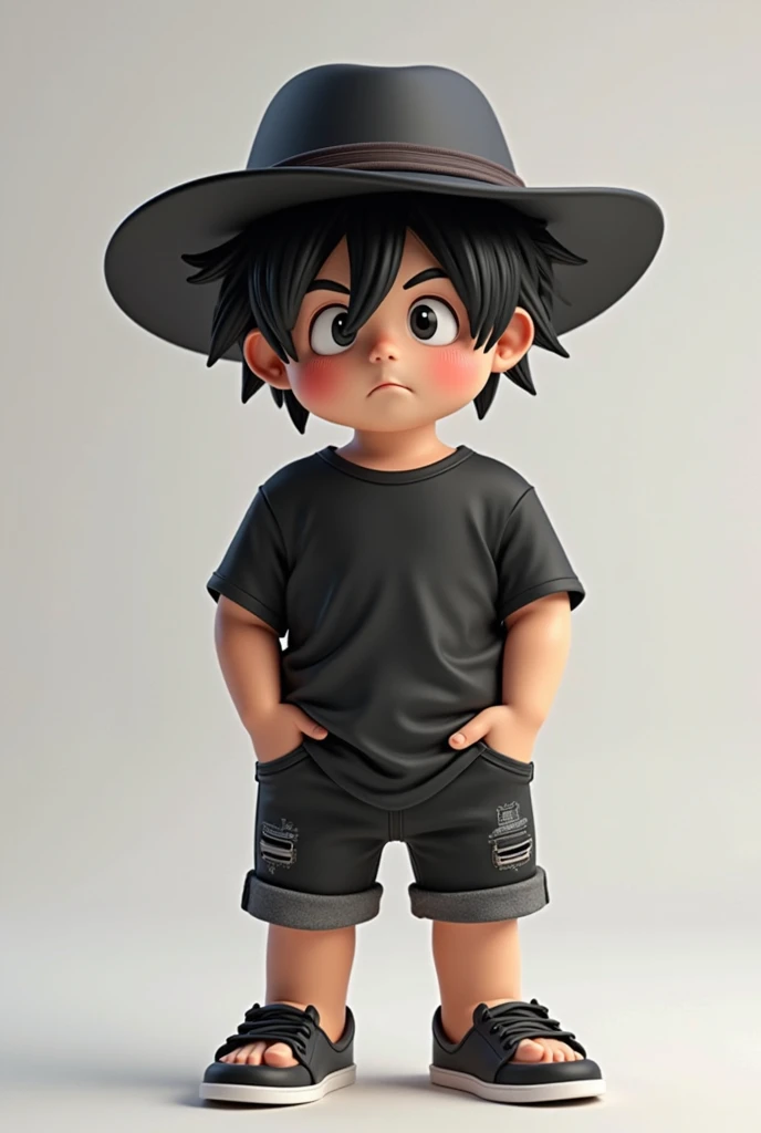 Make a boy with messy black hair, Wearing a small black beach hat, Roblox Style, In short black clothes, black clock, In torn black pants, happy boy,  with hand in pocket , ager, With a sad little face in the hat