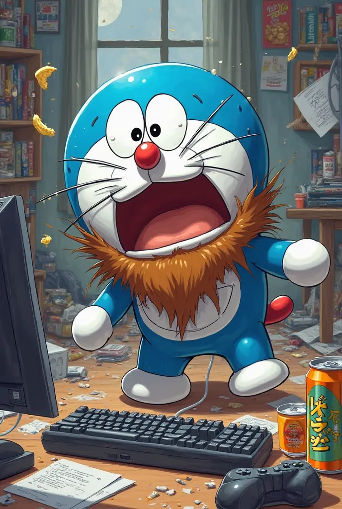 Picture Doraemon with a thick beard that gets angry and knocks down the keyboard while playing computer games in a messy room