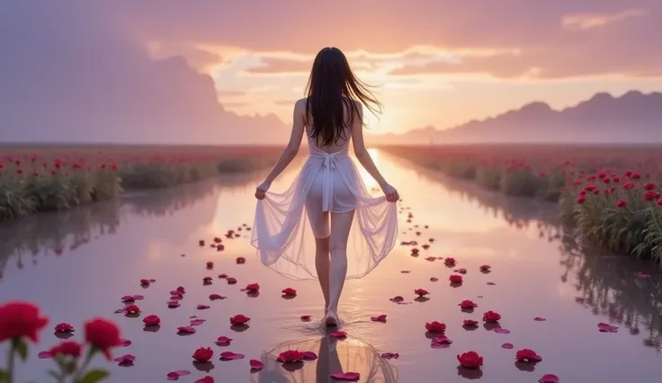 A beautiful and alluring Vietnamese girl with long, silky black hair, wearing a white dress woven from golden light, walking on a misty path. The sky is a giant mirror reflecting a sunset of purple and orange hues. With each step, her footprints bloom into...