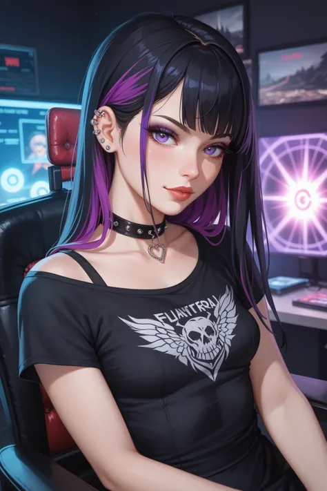 masterpiece, best quality, very aesthetic, absurdres, safe, A gothic girl,she has long black hair with purple highlights, small breasts, she is a fan of germany, she wears a black shirt with red, her room is blac, sitting in a chair with an aura of dominan...