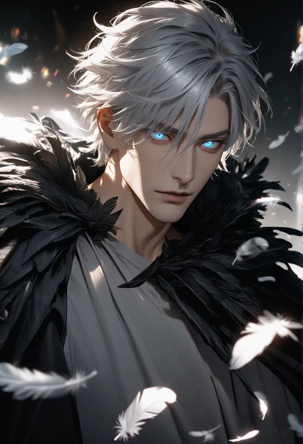 male,  alone,  handsome, silver hair with the same background, shadow,  Experienced , and a dark silver general cape,  blue eyes, beautiful eyes,  high details, villain, middle age, silver aura, , macro photo,  The anti-hero,  Party Bang ,  short hair, is ...