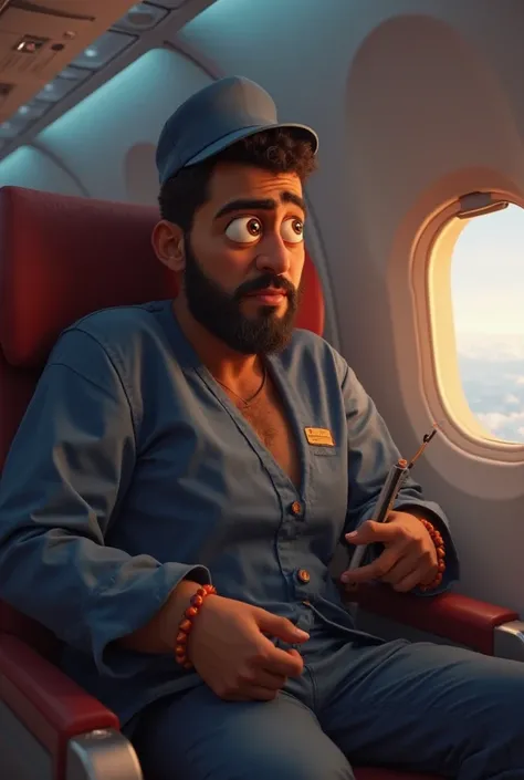 Create an expired 3D version on Disney, A guy with brown skin, 42 years old dark beard, brown eyes, With 110 kilos, inside a plane scared to death and a flight attendant asking him to calm down and be calm