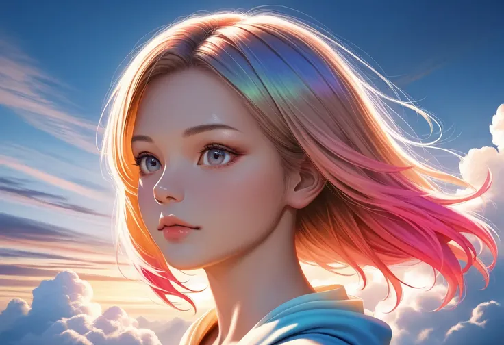 one cloud of cloud on a girl head, detailed portrait of a young woman with a single cloud floating above her head, realistic, high resolution, 8k, photorealistic, vibrant colors, dramatic lighting, cinematic, fantasy, digital art